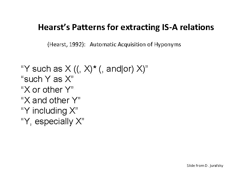 Hearst’s Patterns for extracting IS-A relations (Hearst, 1992): Automatic Acquisition of Hyponyms “Y such