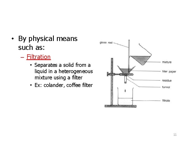  • By physical means such as: – Filtration • Separates a solid from
