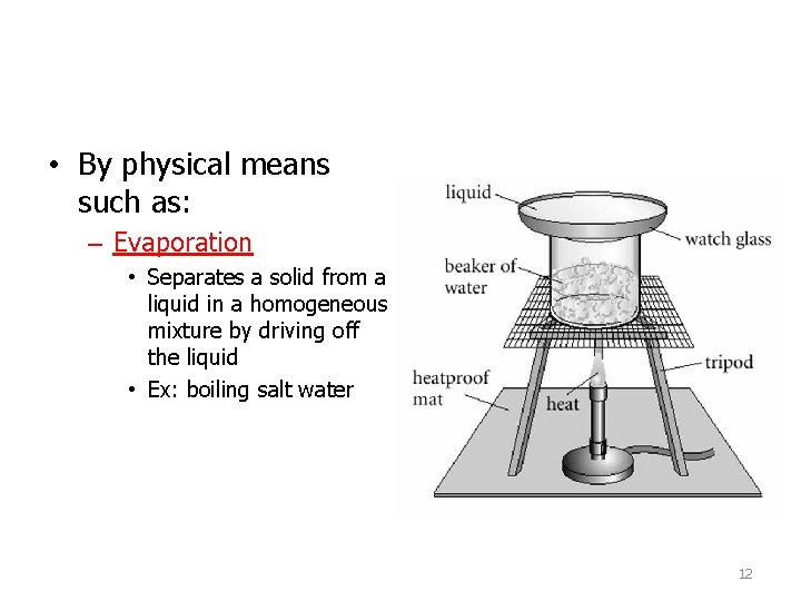 • By physical means such as: – Evaporation • Separates a solid from