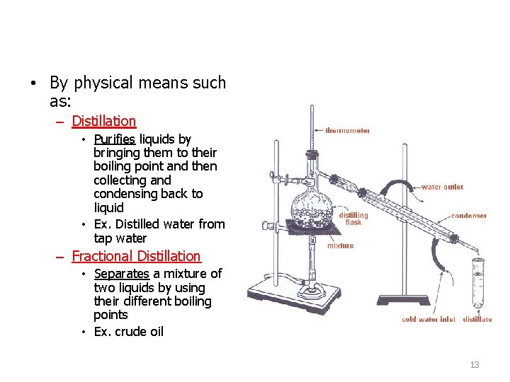  • By physical means such as: – Distillation • Purifies liquids by bringing