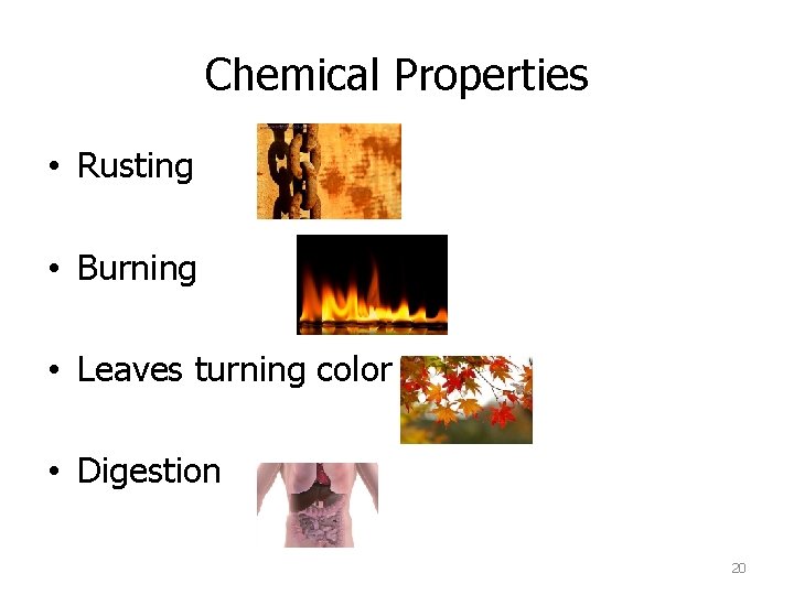 Chemical Properties • Rusting • Burning • Leaves turning color • Digestion 20 