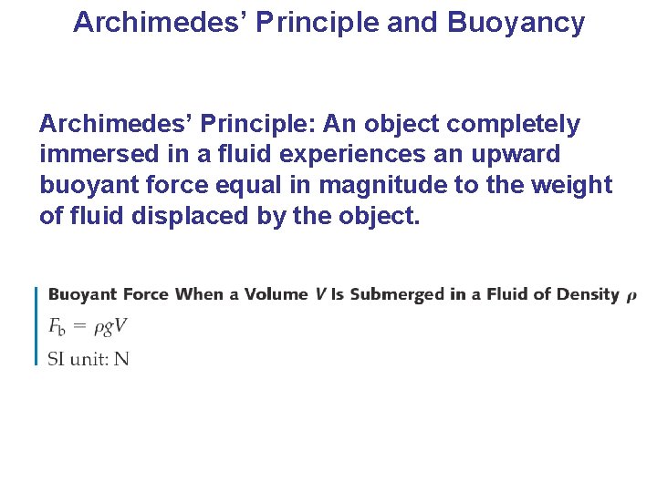 Archimedes’ Principle and Buoyancy Archimedes’ Principle: An object completely immersed in a fluid experiences