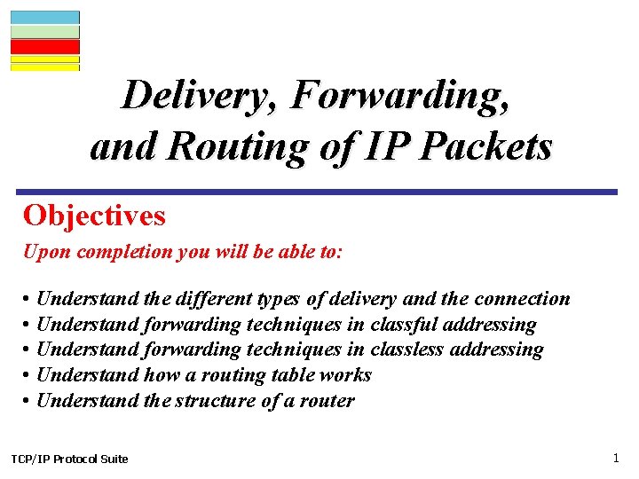 Delivery, Forwarding, and Routing of IP Packets Objectives Upon completion you will be able