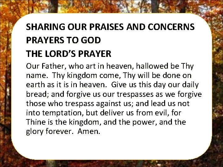 SHARING OUR PRAISES AND CONCERNS PRAYERS TO GOD THE LORD’S PRAYER Our Father, who