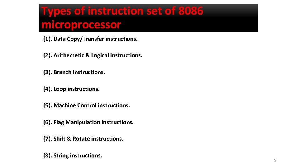 Types of instruction set of 8086 microprocessor (1). Data Copy/Transfer instructions. (2). Arithemetic &