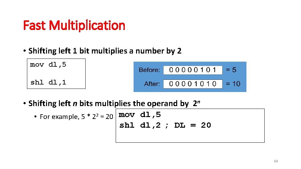 Fast Multiplication • Shifting left 1 bit multiplies a number by 2 mov dl,