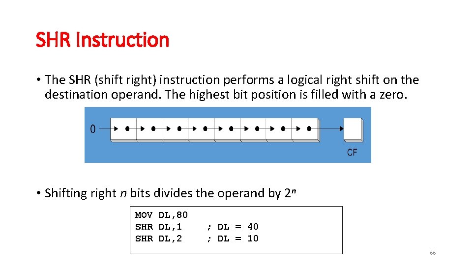 SHR Instruction • The SHR (shift right) instruction performs a logical right shift on