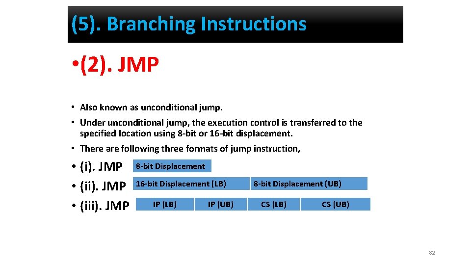 (5). Branching Instructions • (2). JMP • Also known as unconditional jump. • Under