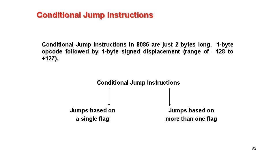 Conditional Jump instructions in 8086 are just 2 bytes long. 1 -byte opcode followed