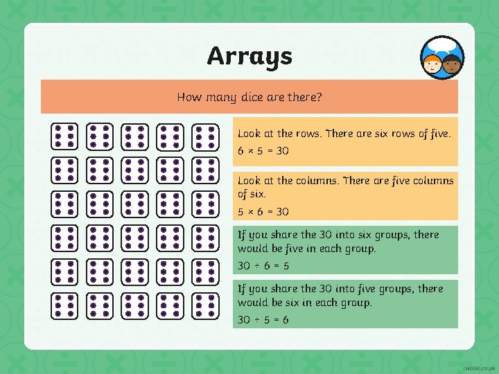 Arrays How many dice are there? Look at the rows. There are six rows Arrays How many dice are there? Look at the rows. There are six rows