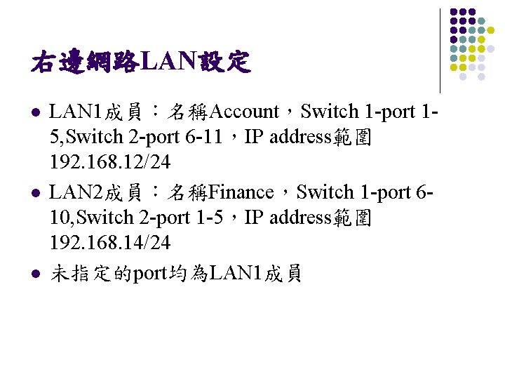 右邊網路LAN設定 l l l LAN 1成員：名稱Account，Switch 1 -port 15, Switch 2 -port 6 -11，IP