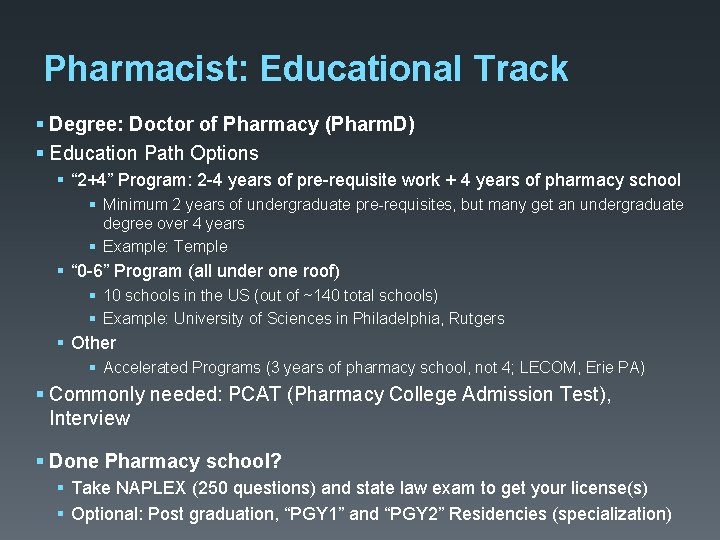 Pharmacist: Educational Track § Degree: Doctor of Pharmacy (Pharm. D) § Education Path Options Pharmacist: Educational Track § Degree: Doctor of Pharmacy (Pharm. D) § Education Path Options