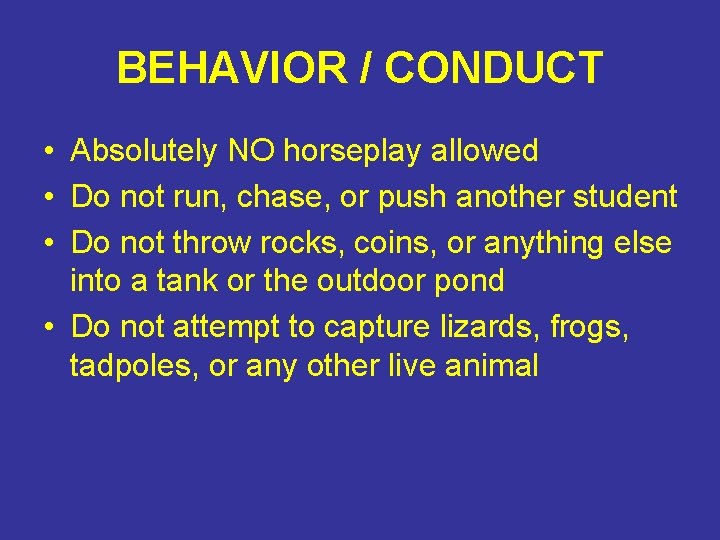 BEHAVIOR / CONDUCT • Absolutely NO horseplay allowed • Do not run, chase, or