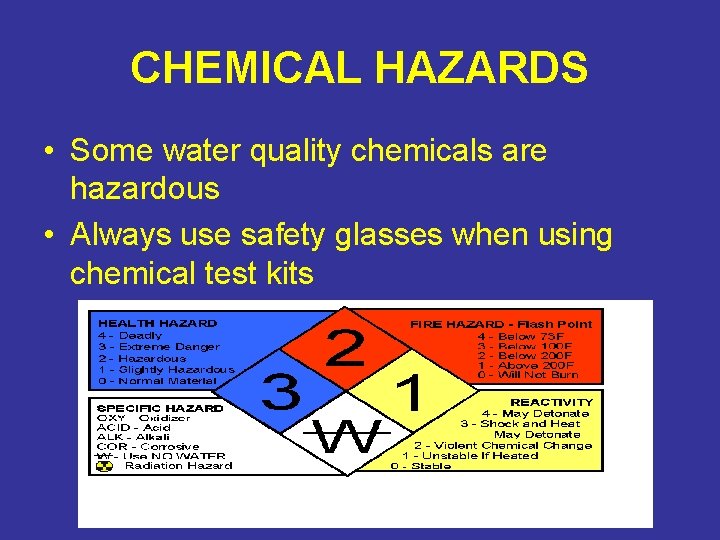 CHEMICAL HAZARDS • Some water quality chemicals are hazardous • Always use safety glasses