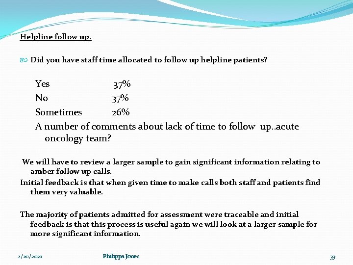 Helpline follow up. Did you have staff time allocated to follow up helpline patients? Helpline follow up. Did you have staff time allocated to follow up helpline patients?