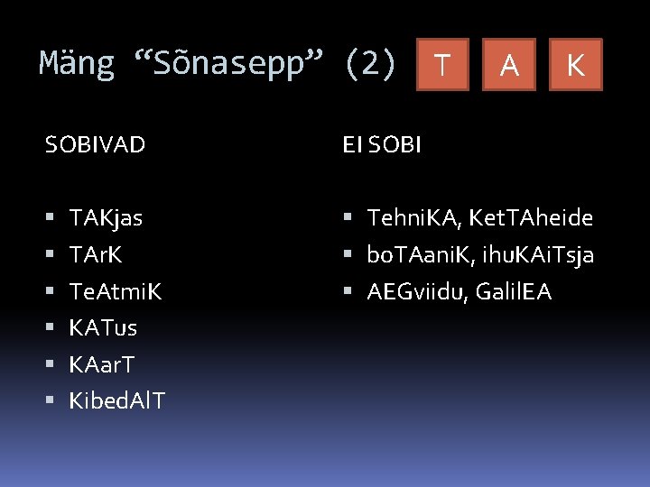 Mäng “Sõnasepp” (2) T SOBIVAD TAKjas TAr. K Te. Atmi. K KATus KAar. T