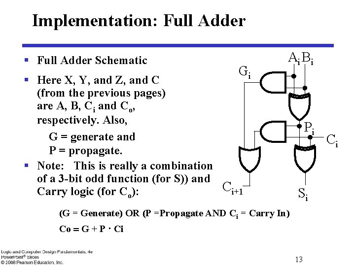 Implementation: Full Adder § Full Adder Schematic Gi Ai B i § Here X,