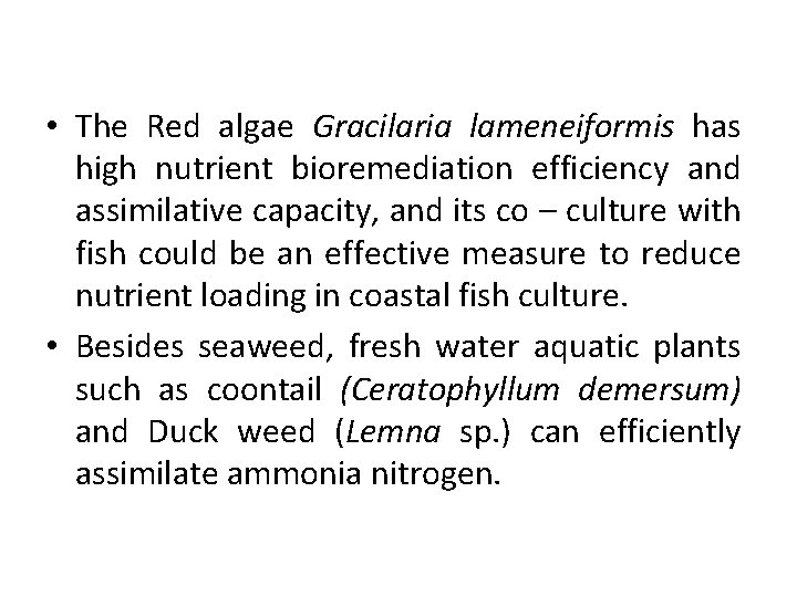  • The Red algae Gracilaria lameneiformis has high nutrient bioremediation efficiency and assimilative