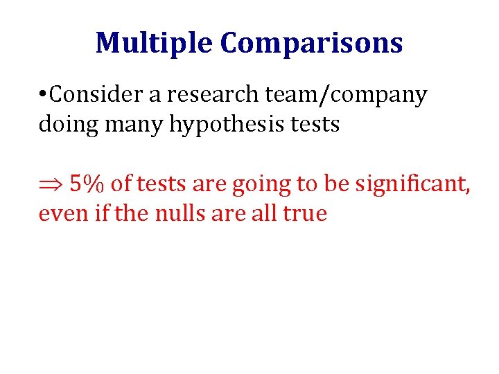 Multiple Comparisons • Consider a research team/company doing many hypothesis tests 5% of tests