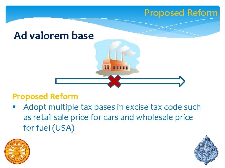 Proposed Reform Ad valorem base Proposed Reform § Adopt multiple tax bases in excise