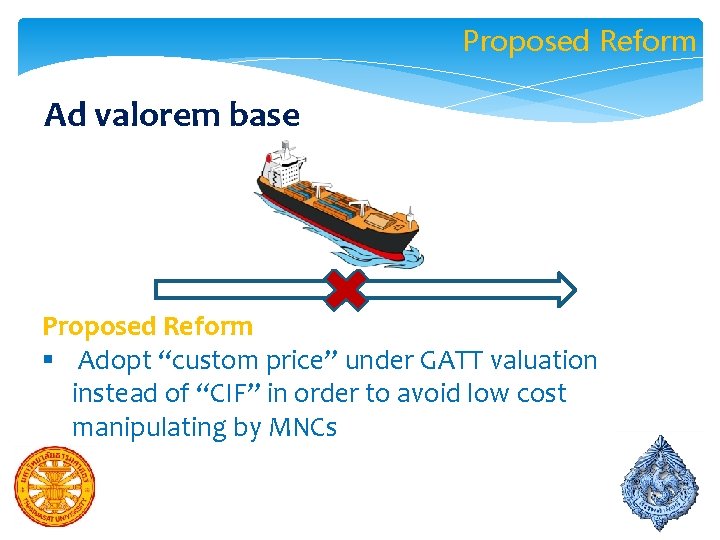 Proposed Reform Ad valorem base Proposed Reform § Adopt “custom price” under GATT valuation