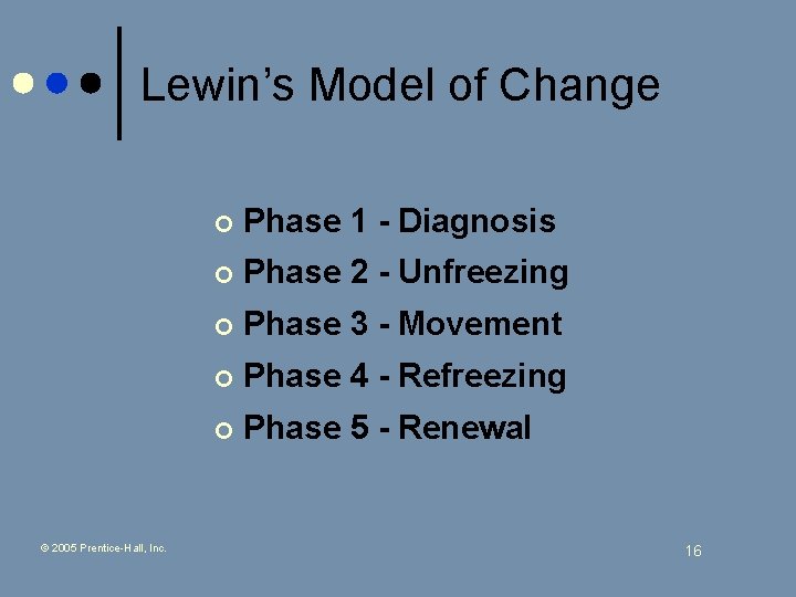 Lewin’s Model of Change © 2005 Prentice-Hall, Inc. ¢ Phase 1 - Diagnosis ¢