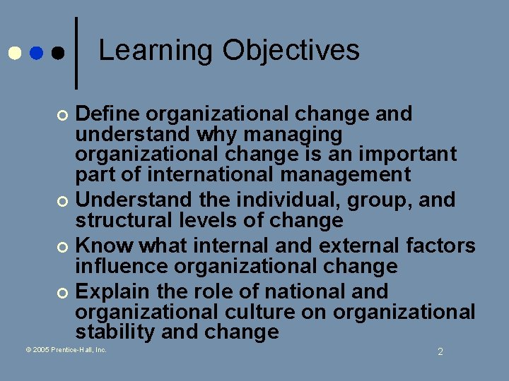 Learning Objectives Define organizational change and understand why managing organizational change is an important