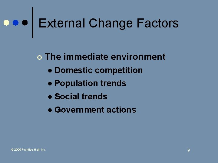 External Change Factors ¢ The immediate environment © 2005 Prentice-Hall, Inc. l Domestic competition