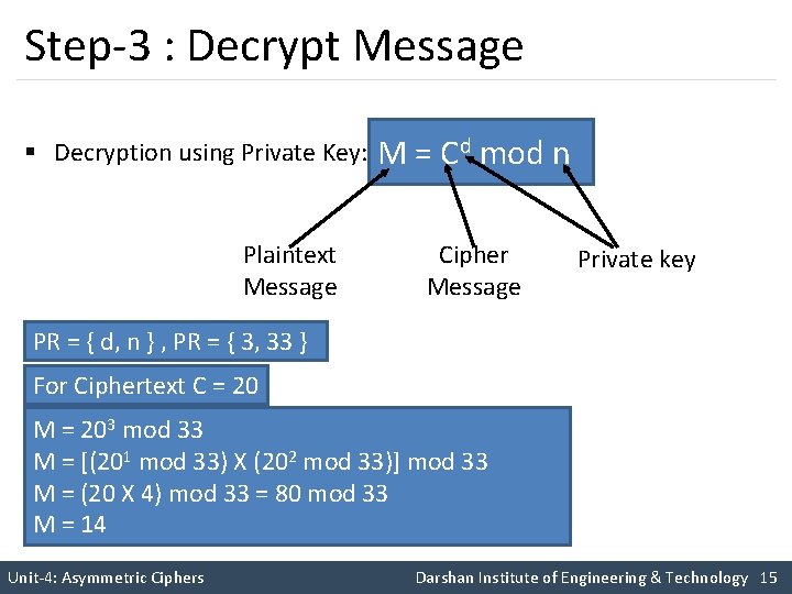 Step-3 : Decrypt Message § Decryption using Private Key: Plaintext Message M = Cd