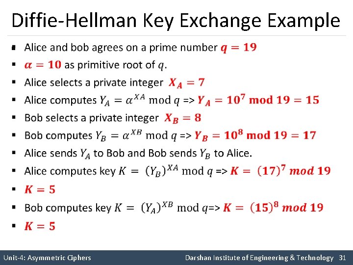 Diffie-Hellman Key Exchange Example § Unit-4: Asymmetric Ciphers Darshan Institute of Engineering & Technology