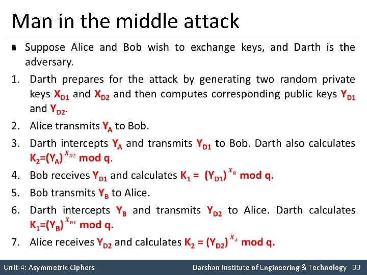 Man in the middle attack § Unit-4: Asymmetric Ciphers Darshan Institute of Engineering &