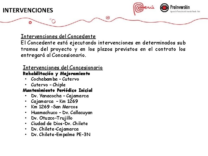 INTERVENCIONES Intervenciones del Concedente El Concedente está ejecutando intervenciones en determinados sub tramos del