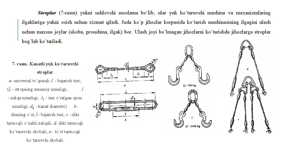 Stroplar (7 -rasm) yukni ushlovchi moslama bo`lib, ular yuk ko`taruvchi mashina va mexanizmlaring ilgaklariga