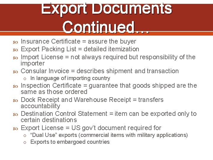 Export Documents Continued… Insurance Certificate = assure the buyer Export Packing List = detailed