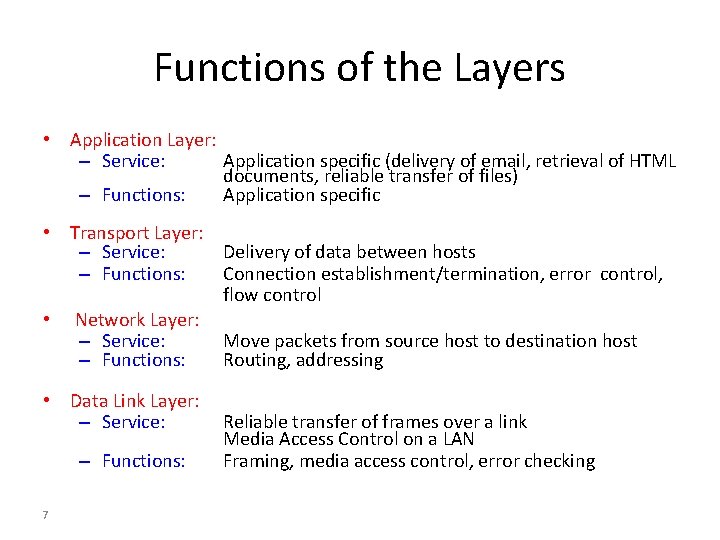 Functions of the Layers • Application Layer: – Service: Application specific (delivery of email,