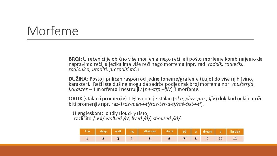 Morfeme BROJ: U rečenici je obično više morfema nego reči, ali pošto morfeme kombinujemo