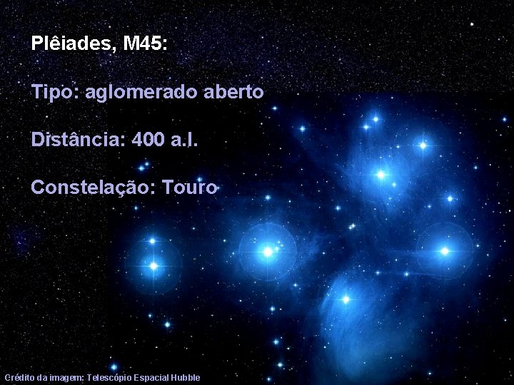 Plêiades, M 45: Tipo: aglomerado aberto Distância: 400 a. l. Constelação: Touro Crédito da