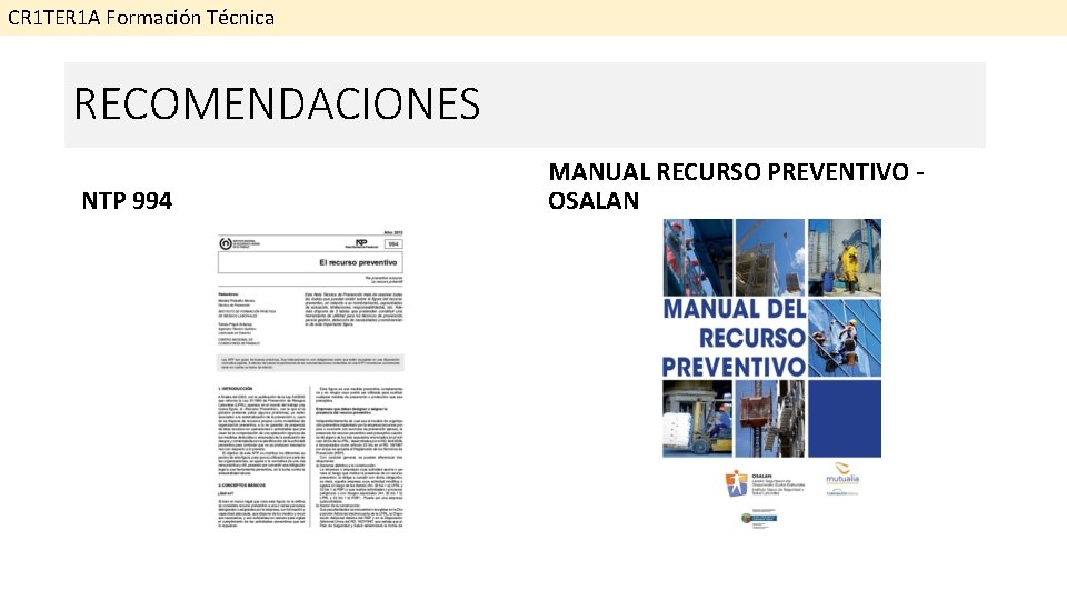 CR 1 TER 1 A Formación Técnica RECOMENDACIONES NTP 994 MANUAL RECURSO PREVENTIVO OSALAN