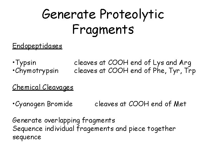 Generate Proteolytic Fragments Endopeptidases • Typsin • Chymotrypsin cleaves at COOH end of Lys