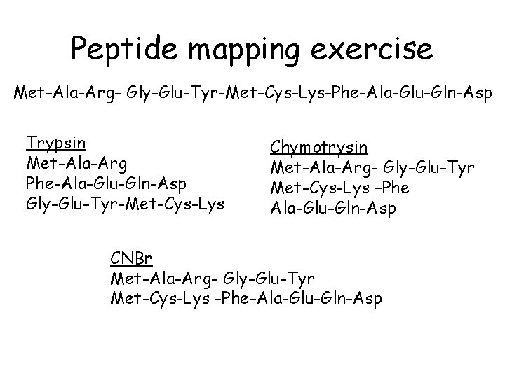 Peptide mapping exercise Met-Ala-Arg- Gly-Glu-Tyr-Met-Cys-Lys-Phe-Ala-Glu-Gln-Asp Trypsin Met-Ala-Arg Phe-Ala-Glu-Gln-Asp Gly-Glu-Tyr-Met-Cys-Lys Chymotrysin Met-Ala-Arg- Gly-Glu-Tyr Met-Cys-Lys –Phe