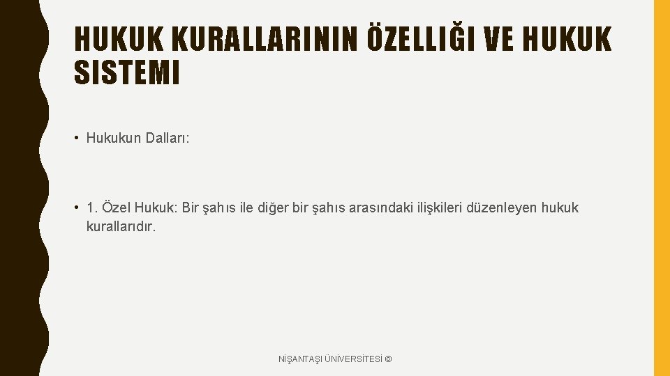 HUKUK KURALLARININ ÖZELLIĞI VE HUKUK SISTEMI • Hukukun Dalları: • 1. Özel Hukuk: Bir