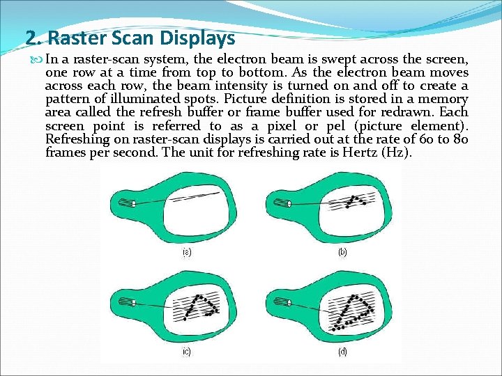 2. Raster Scan Displays In a raster-scan system, the electron beam is swept across