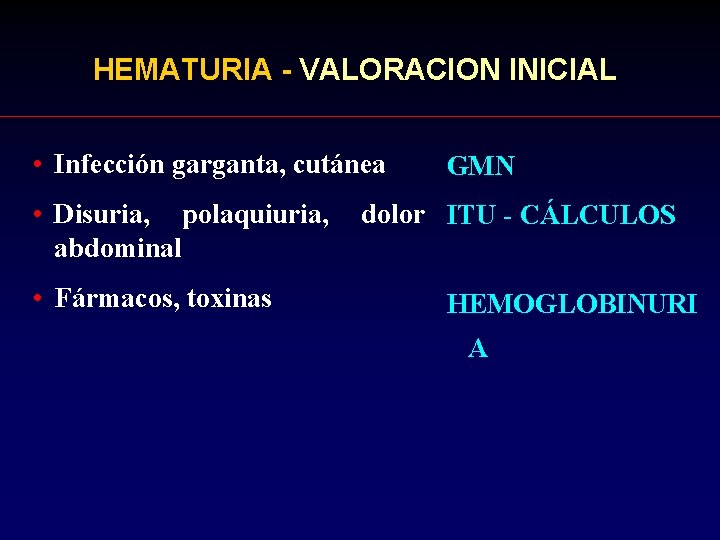 HEMATURIA - VALORACION INICIAL • Infección garganta, cutánea • Disuria, polaquiuria, abdominal • Fármacos,