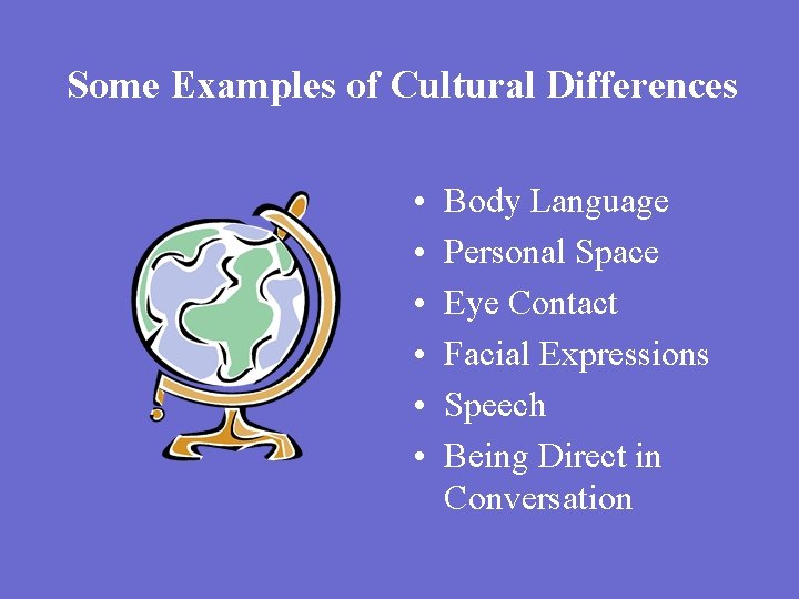 Some Examples of Cultural Differences • • • Body Language Personal Space Eye Contact