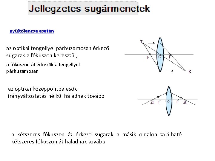 gyűjtőlencse esetén az optikai tengellyel párhuzamosan érkező sugarak a fókuszon keresztül, a fókuszon át