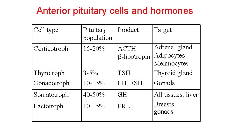 Anterior pituitary cells and hormones Cell type Pituitary Product population Target Corticotroph 15 -20%