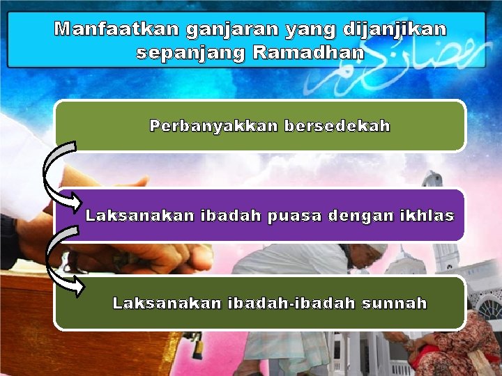 Manfaatkan ganjaran yang dijanjikan sepanjang Ramadhan Perbanyakkan bersedekah Laksanakan ibadah puasa dengan ikhlas Laksanakan