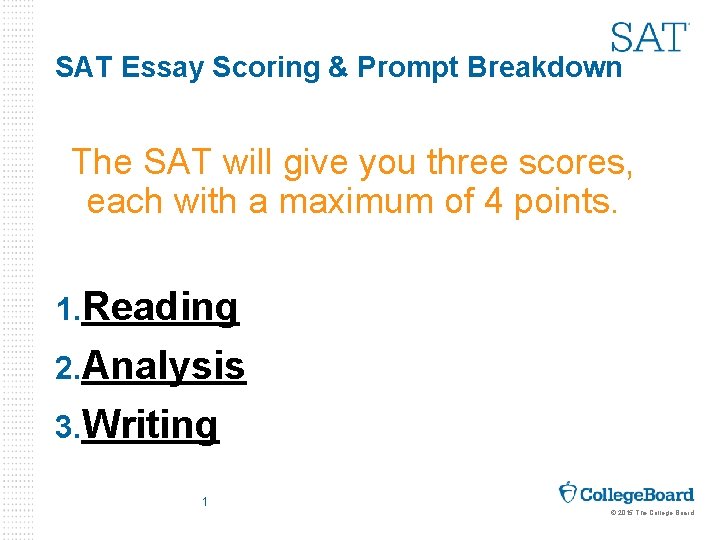 SAT Essay Scoring & Prompt Breakdown The SAT will give you three scores, each