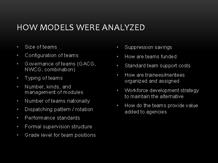 HOW MODELS WERE ANALYZED • Size of teams • Suppression savings • Configuration of HOW MODELS WERE ANALYZED • Size of teams • Suppression savings • Configuration of