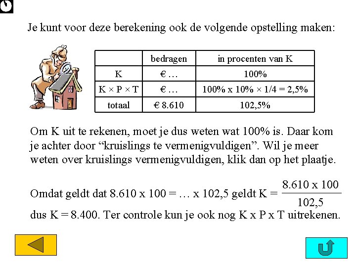 Je kunt voor deze berekening ook de volgende opstelling maken: bedragen in procenten van